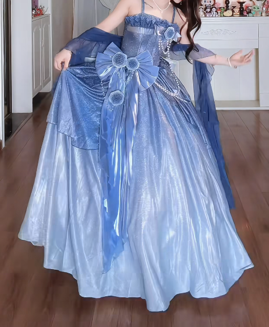 Unique Spaghetti Straps Floral Prom Dress Blue Sequins A-Line Formal Dress GG7157