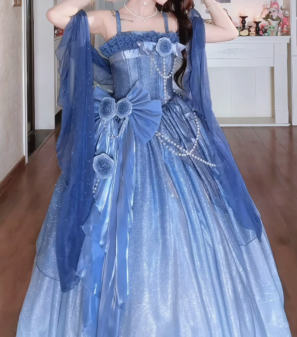 Unique Spaghetti Straps Floral Prom Dress Blue Sequins A-Line Formal Dress GG7157