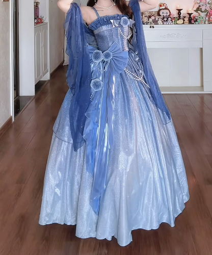 Unique Spaghetti Straps Floral Prom Dress Blue Sequins A-Line Formal Dress GG7157