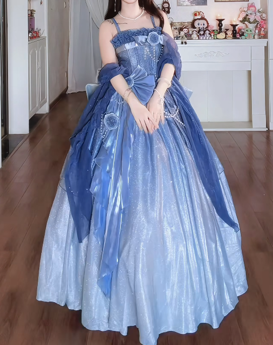 Unique Spaghetti Straps Floral Prom Dress Blue Sequins A-Line Formal Dress GG7157