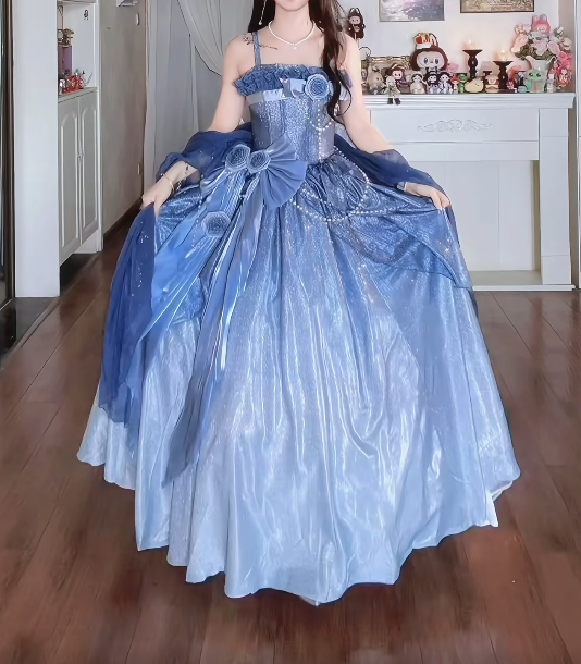 Unique Spaghetti Straps Floral Prom Dress Blue Sequins A-Line Formal Dress GG7157