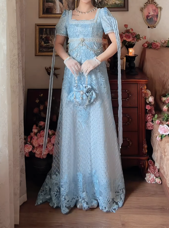 Romantic Square Neck Blue Prom Dress Lace Beading A-Line Formal Dress GG7158