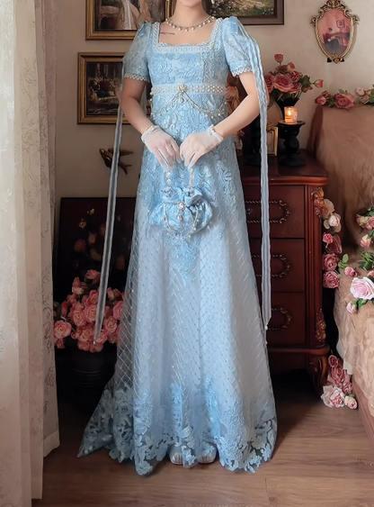 Romantic Square Neck Blue Prom Dress Lace Beading A-Line Formal Dress GG7158