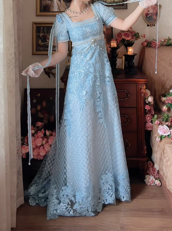 Romantic Square Neck Blue Prom Dress Lace Beading A-Line Formal Dress GG7158