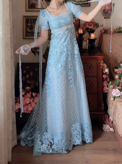 Romantic Square Neck Blue Prom Dress Lace Beading A-Line Formal Dress GG7158