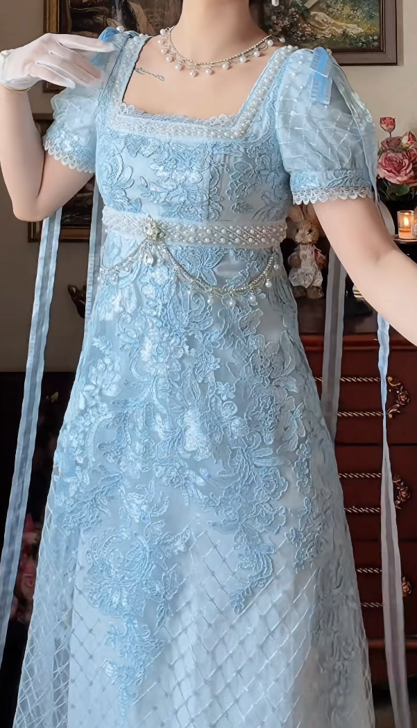 Romantic Square Neck Blue Prom Dress Lace Beading A-Line Formal Dress GG7158