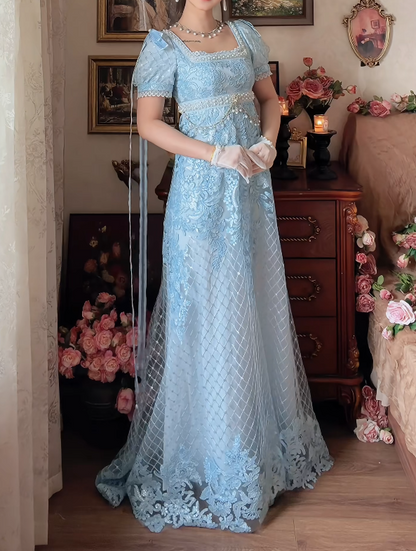 Romantic Square Neck Blue Prom Dress Lace Beading A-Line Formal Dress GG7158