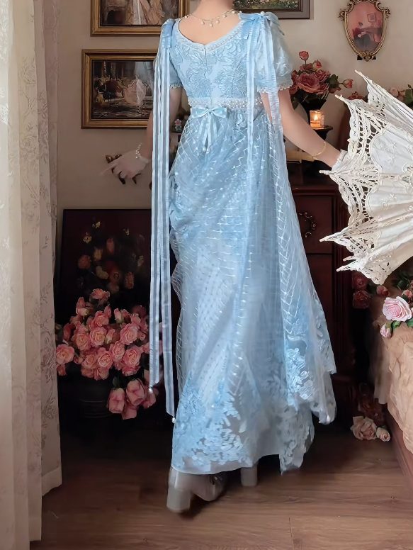 Romantic Square Neck Blue Prom Dress Lace Beading A-Line Formal Dress GG7158