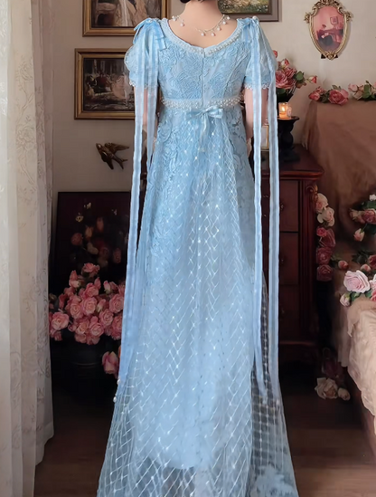 Romantic Square Neck Blue Prom Dress Lace Beading A-Line Formal Dress GG7158