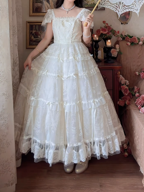 Ornate Square Neck Prom Dress Ivory Lace A-Line Formal Dress GG7159