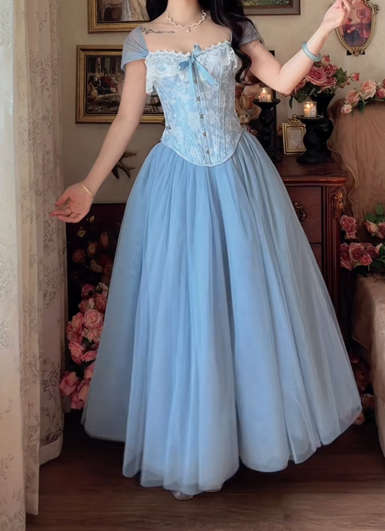 Vintage Square Neck Floral Prom Dress Blue Tulle A-Line Formal Dress GG7160