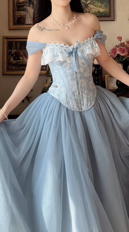 Vintage Square Neck Floral Prom Dress Blue Tulle A-Line Formal Dress GG7160