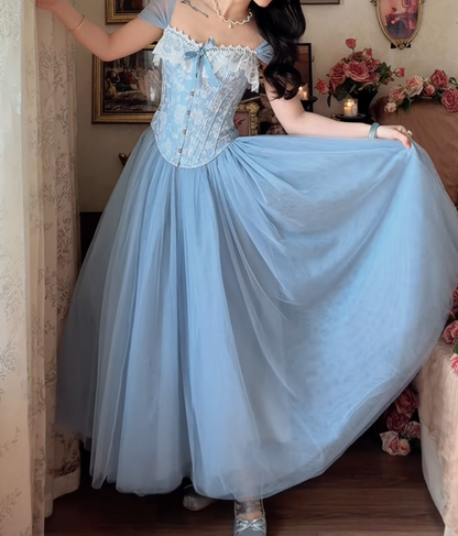 Vintage Square Neck Floral Prom Dress Blue Tulle A-Line Formal Dress GG7160