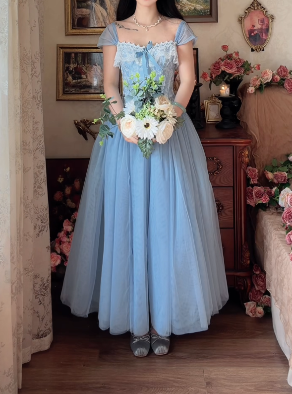 Vintage Square Neck Floral Prom Dress Blue Tulle A-Line Formal Dress GG7160