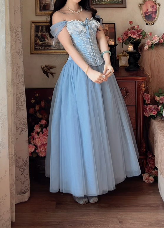 Vintage Square Neck Floral Prom Dress Blue Tulle A-Line Formal Dress GG7160