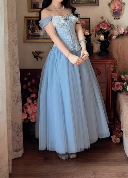 Vintage Square Neck Floral Prom Dress Blue Tulle A-Line Formal Dress GG7160