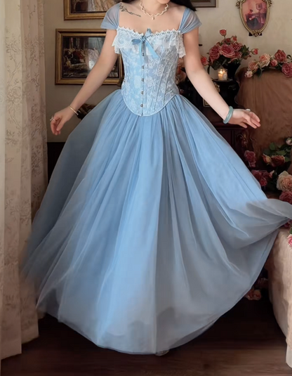 Vintage Square Neck Floral Prom Dress Blue Tulle A-Line Formal Dress GG7160
