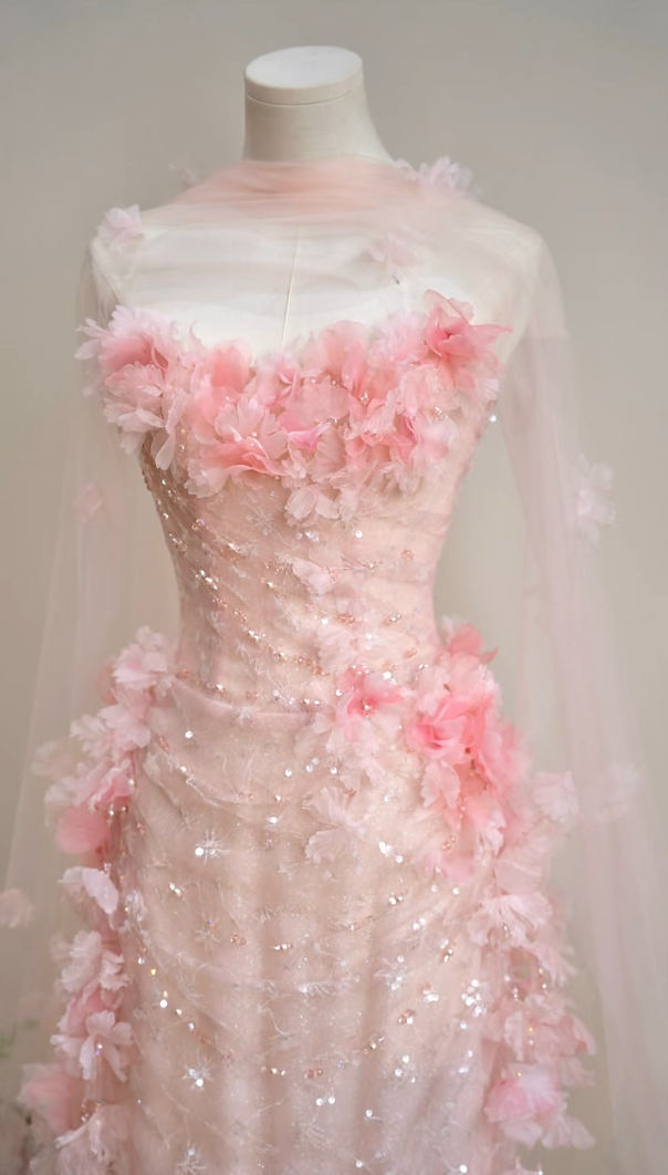 Glam Strapless Pink Prom Dress Sequins Appliques Sheath Formal Dress GG7161