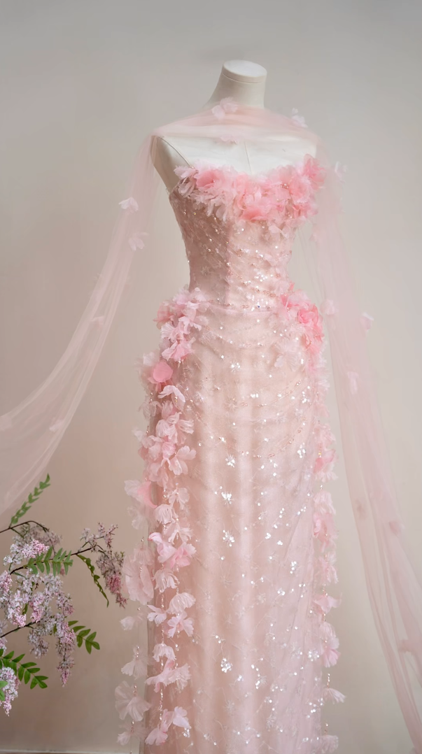 Glam Strapless Pink Prom Dress Sequins Appliques Sheath Formal Dress GG7161