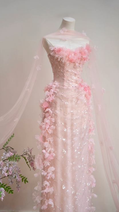 Glam Strapless Pink Prom Dress Sequins Appliques Sheath Formal Dress GG7161