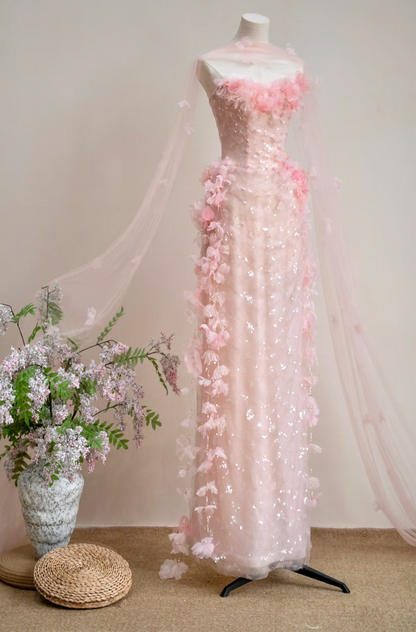 Glam Strapless Pink Prom Dress Sequins Appliques Sheath Formal Dress GG7161