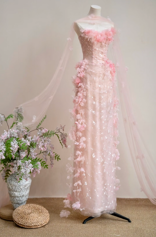 Glam Strapless Pink Prom Dress Sequins Appliques Sheath Formal Dress GG7161