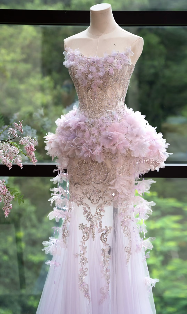 Unique Strapless Pastel Purple Prom Dress Sequins Appliques Mermaid Formal Dress GG7163