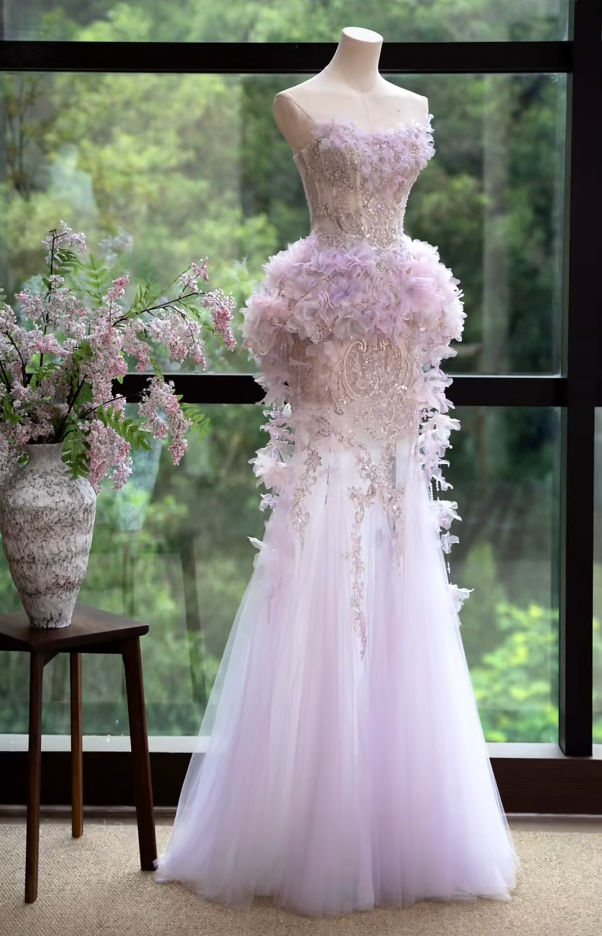 Unique Strapless Pastel Purple Prom Dress Sequins Appliques Mermaid Formal Dress GG7163