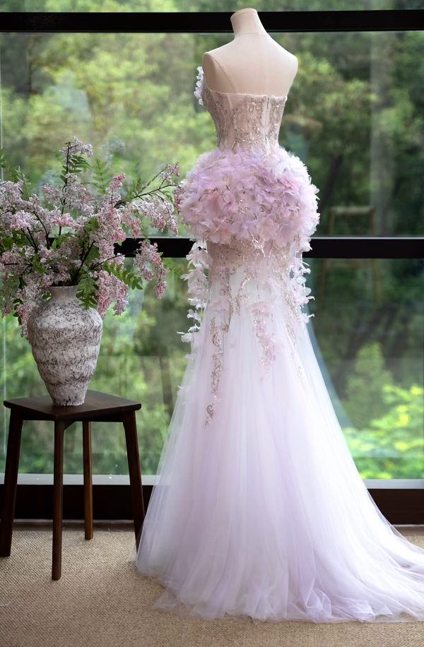 Unique Strapless Pastel Purple Prom Dress Sequins Appliques Mermaid Formal Dress GG7163