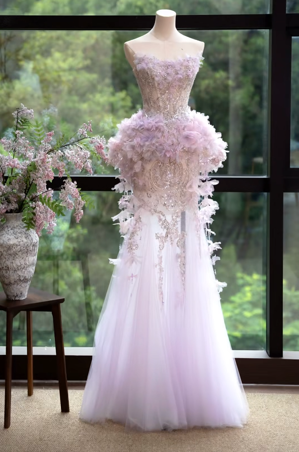 Unique Strapless Pastel Purple Prom Dress Sequins Appliques Mermaid Formal Dress GG7163