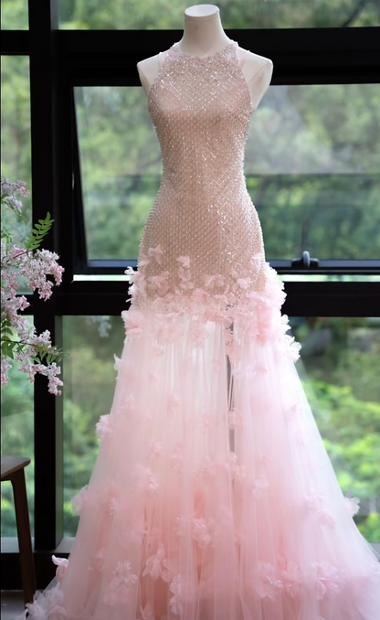 Lovely Halter Neck Pink Prom Dress Sequins Appliques Mermaid Formal Dress GG7165