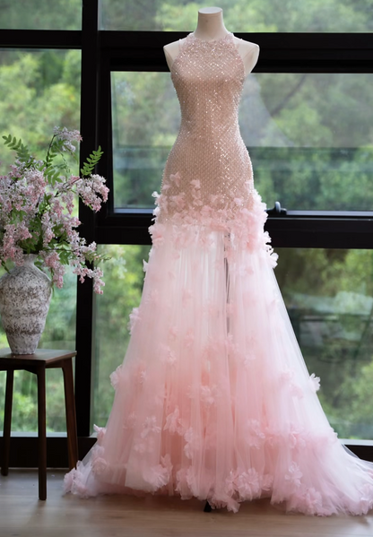 Lovely Halter Neck Pink Prom Dress Sequins Appliques Mermaid Formal Dress GG7165
