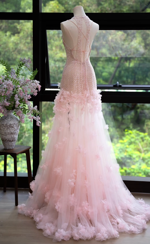 Lovely Halter Neck Pink Prom Dress Sequins Appliques Mermaid Formal Dress GG7165