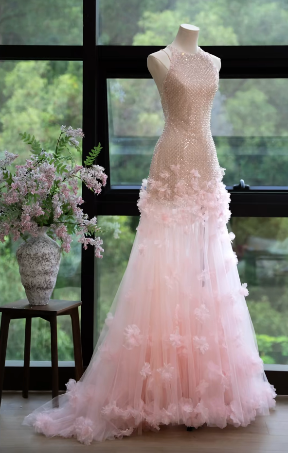 Lovely Halter Neck Pink Prom Dress Sequins Appliques Mermaid Formal Dress GG7165