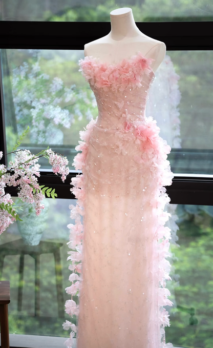 Chic Strapless Pink Prom Dress Sequins Appliques Sheath Formal Dress GG7166