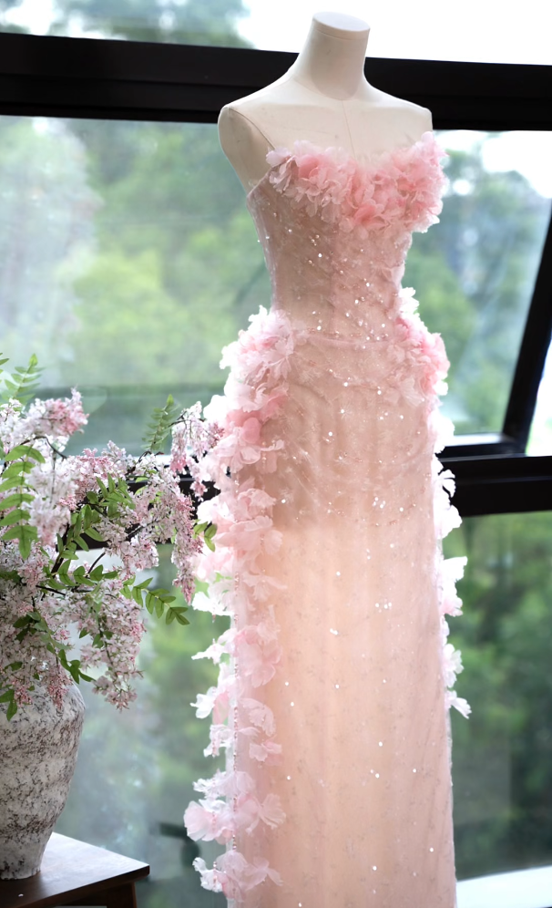 Chic Strapless Pink Prom Dress Sequins Appliques Sheath Formal Dress GG7166