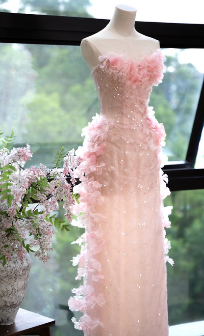Chic Strapless Pink Prom Dress Sequins Appliques Sheath Formal Dress GG7166