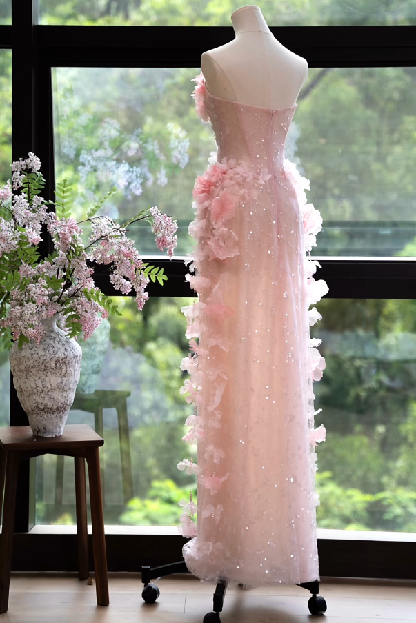 Chic Strapless Pink Prom Dress Sequins Appliques Sheath Formal Dress GG7166