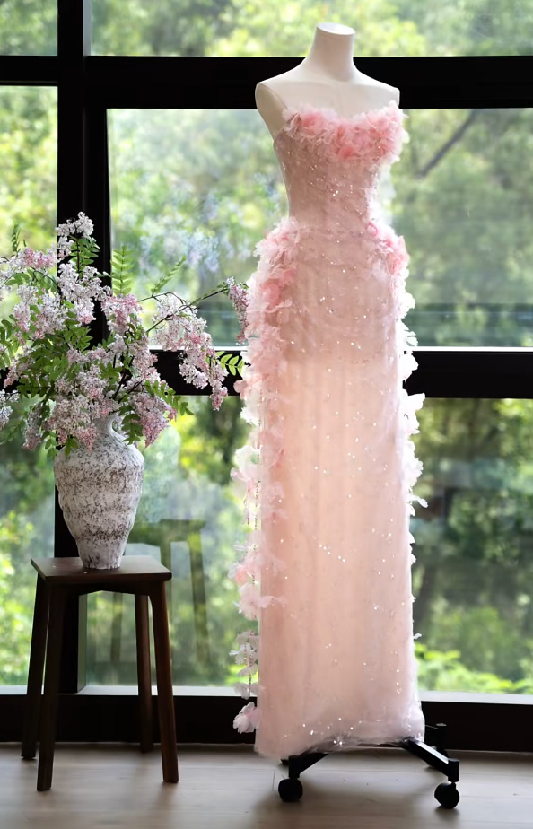 Chic Strapless Pink Prom Dress Sequins Appliques Sheath Formal Dress GG7166