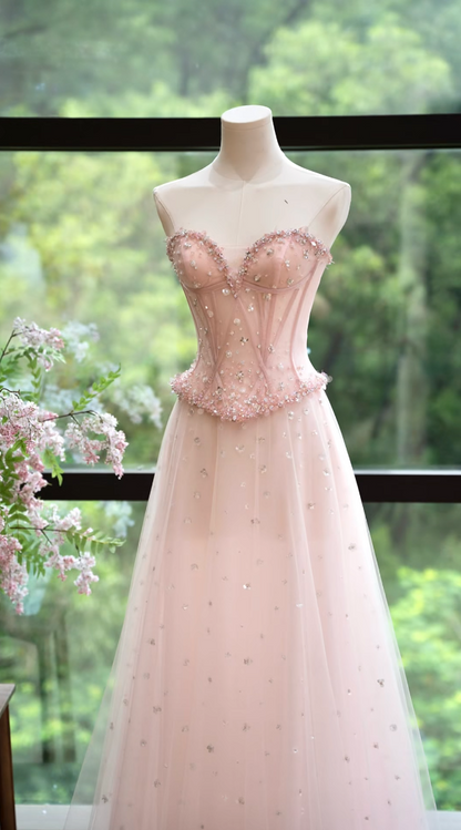 Gorgeous Strapless Pink Prom Dress Sequins A-Line Formal Dress GG7169