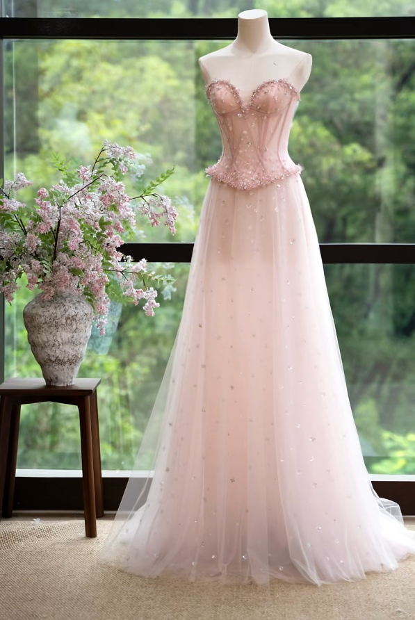 Gorgeous Strapless Pink Prom Dress Sequins A-Line Formal Dress GG7169
