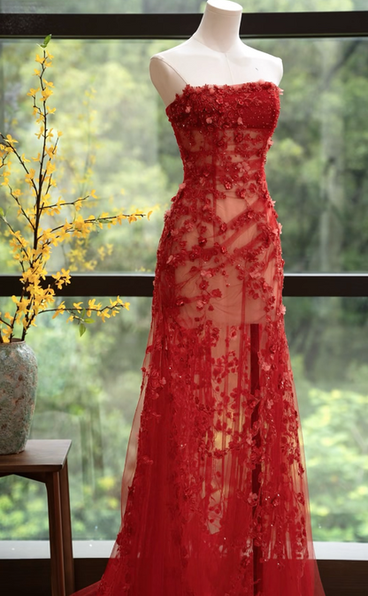 Alluring Strapless Red Prom Dress Sequins Appliques A-Line Formal Dress GG7171