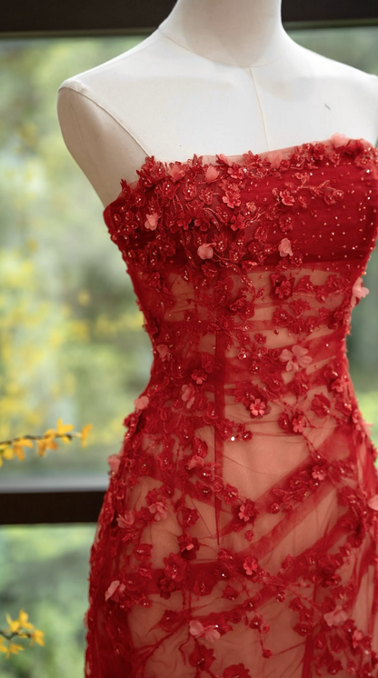 Alluring Strapless Red Prom Dress Sequins Appliques A-Line Formal Dress GG7171