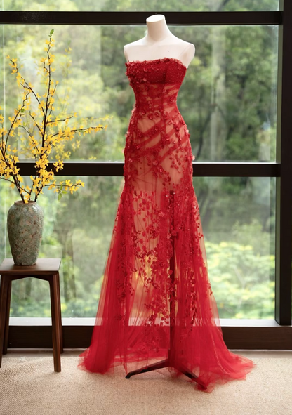 Alluring Strapless Red Prom Dress Sequins Appliques A-Line Formal Dress GG7171