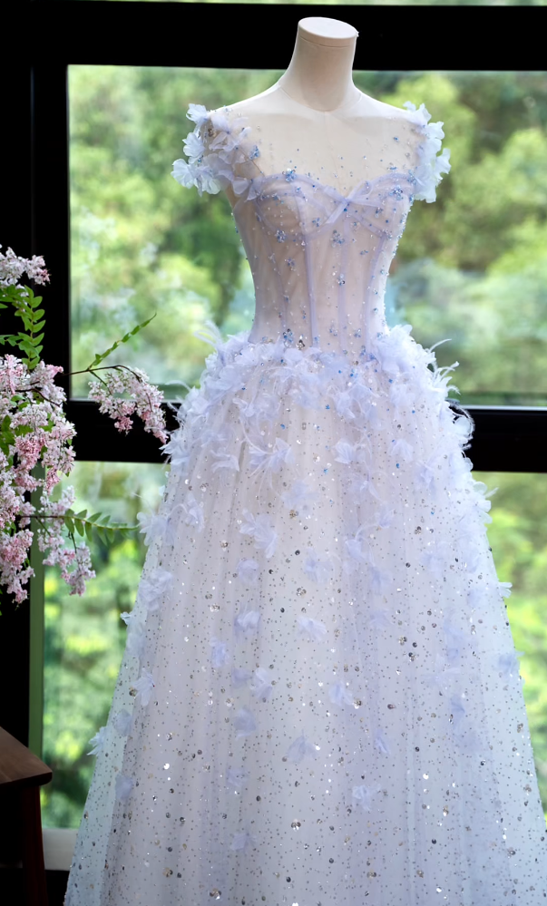 Dreamy Illusion Neck Blue Prom Dress Sequins Appliques A-Line Formal Dress GG7172
