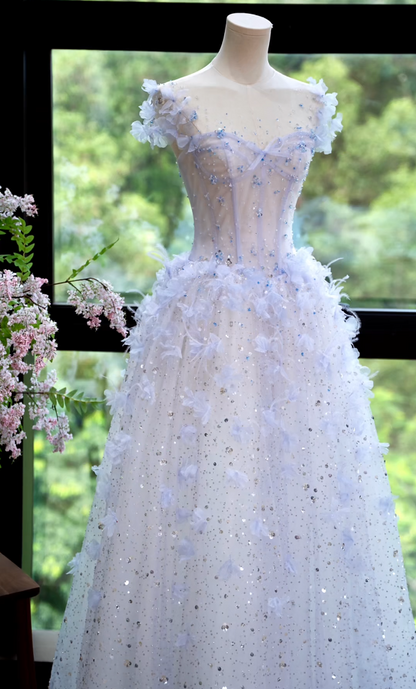 Dreamy Illusion Neck Blue Prom Dress Sequins Appliques A-Line Formal Dress GG7172