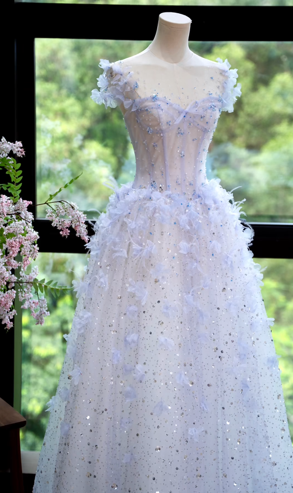 Dreamy Illusion Neck Blue Prom Dress Sequins Appliques A-Line Formal Dress GG7172