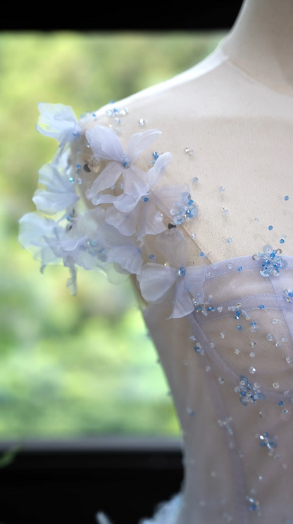 Dreamy Illusion Neck Blue Prom Dress Sequins Appliques A-Line Formal Dress GG7172