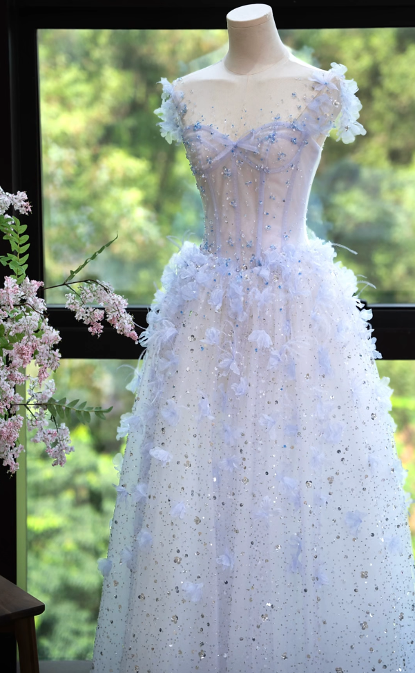 Dreamy Illusion Neck Blue Prom Dress Sequins Appliques A-Line Formal Dress GG7172