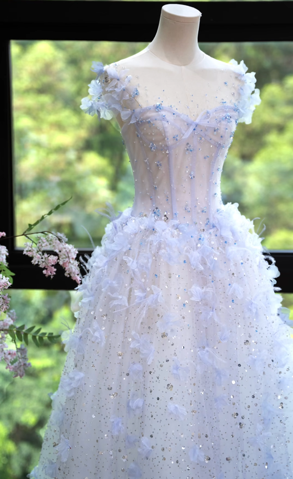 Dreamy Illusion Neck Blue Prom Dress Sequins Appliques A-Line Formal Dress GG7172